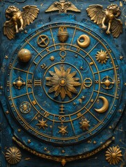 Naklejka premium Celestial Zodiac Splendor: Dark Blue Background with Gold Astrological Zodiac Items and Symbols