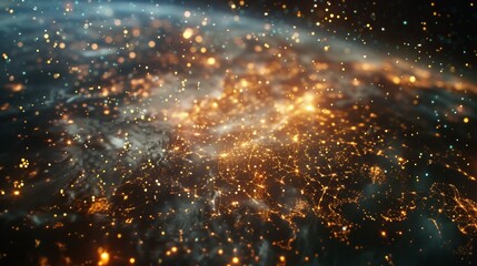 This is a digital artwork simulating a cosmic scene with clusters of stars and interstellar matter, illuminated in warm hues against a dark space background.