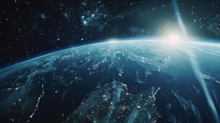 Obraz premium A digital artwork of Earth from space, showcasing continent outlines with city lights and a bright sun peeking over the horizon against a starry sky.