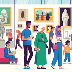 illustration of a diverse group of people visiting a museum