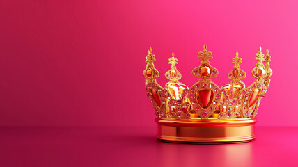 Ornate golden crown with gemstones on a vivid pink background, symbolizing royalty and elegance. - obrazy, fototapety, plakaty