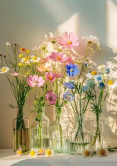 a group of flowers in glass bottles