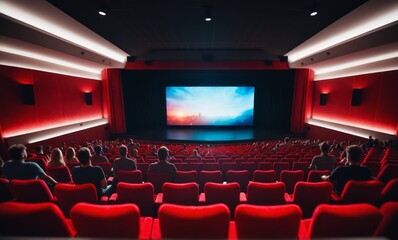 Cinema  wide screen and people in red chairs in the cinema hall. Blurred People silhouettes watching movie performance