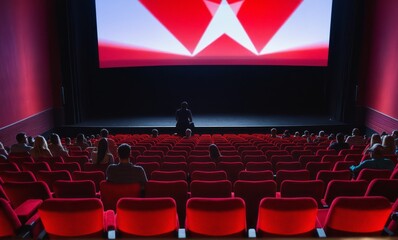 Cinema  wide screen and people in red chairs in the cinema hall. Blurred People silhouettes watching movie performance