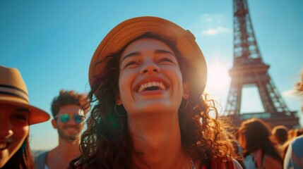 Happy young woman and crowd in Paris, Eiffel tower, Olympic games 2024 - 797789240