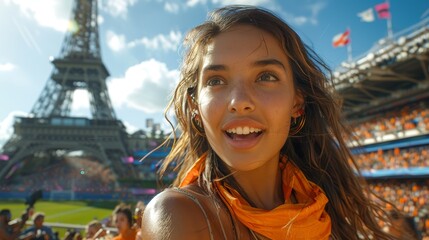 Happy young woman watching sports event in Paris, Olympic games 2024 - 797789242