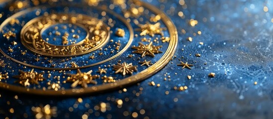 Obraz premium Celestial Zodiac Splendor: Dark Blue Background with Gold Astrological Zodiac Items and Symbols