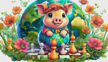Naklejka premium oil painting style CARTOON CHARACTER CUTE baby pig in game of chess .