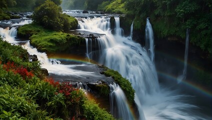The mesmerizing cascade of a rainbow-hued waterfall against the lush green backdrop ai_generated