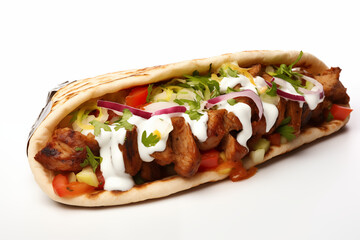 Kebab on white background. Fast kebab food. Sale of kebabs. Image for graphic designer. Image for flyers. Job offer.