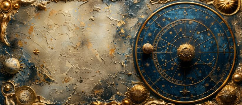 Celestial Zodiac Splendor: Dark Blue Background with Gold Astrological Zodiac Items and Symbols