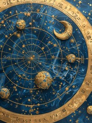 Fototapeta premium Celestial Zodiac Splendor: Dark Blue Background with Gold Astrological Zodiac Items and Symbols