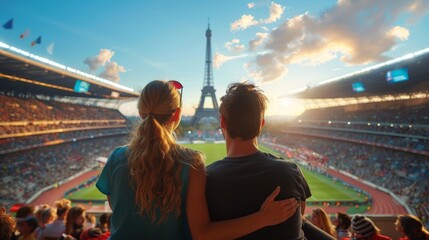 Young couple watching sports event in Paris, Olympic games 2024 - 797789672