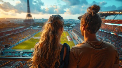 Young couple watching sports event in Paris, Olympic games 2024