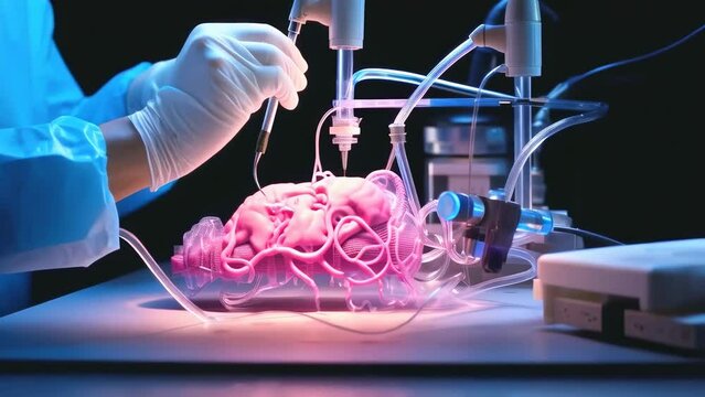 neurological research, showcasing a glowing, intricate brain model connected to a high-tech apparatus, illustrating cutting-edge medical science