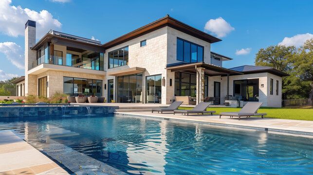 A large, modern house with an expansive pool and patio area. The house has multiple levels of windows overlooking the beautiful blue sky