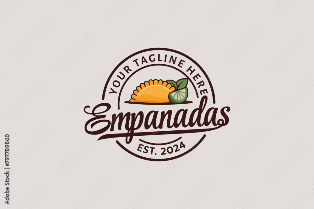 Wall mural empanadas logo with a combination of an empanada, lime, leaves, and beautiful lettering for restaurants, food trucks, cafes, etc. Empanadas emblem logo.