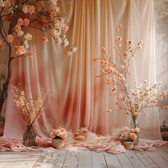 a pink curtain with flowers and trees
