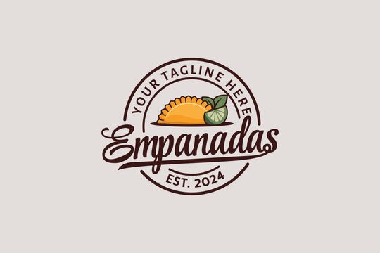 empanadas logo with a combination of an empanada, lime, leaves, and beautiful lettering for restaurants, food trucks, cafes, etc. Empanadas emblem logo.