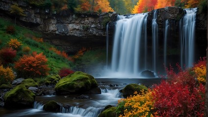The vivid spectacle of a waterfall ablaze with a kaleidoscope of colors ai_generated