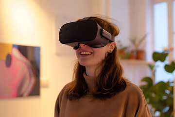 Fototapeta premium Young woman using virtual reality headset