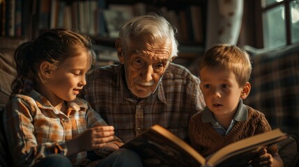 An old man reads a book to two children