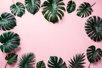 Tropical leaves on a pink background. Summer exotic botanical nature, minimal flat lay design with copy space