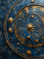 Naklejka premium Celestial Zodiac Splendor: Dark Blue Background with Gold Astrological Zodiac Items and Symbols
