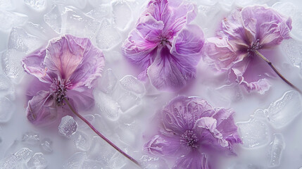 abstract artistic background with purple flowers frozen in ice, water