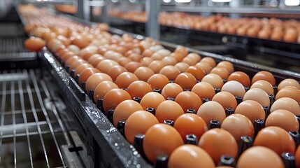 Conveyor with chicken eggs, poultry farm production of chicken eggs