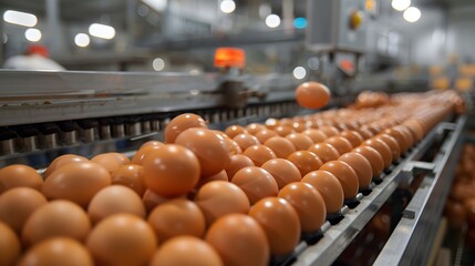 Conveyor with chicken eggs, poultry farm production of chicken eggs