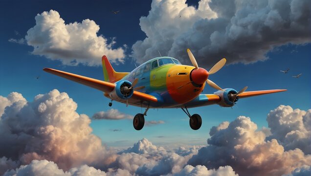 A whimsical cartoon plane dancing through a sky painted in vivid hues, a playful contrast to fluffy clouds ai_generated