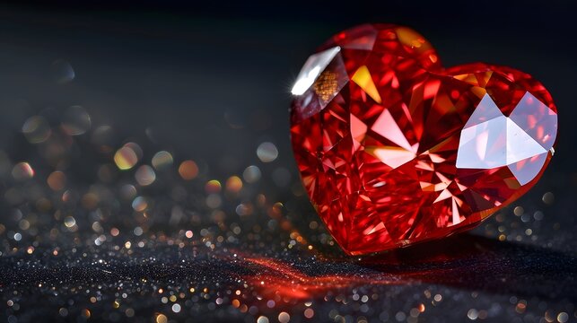 Red heart shaped diamond on black background 