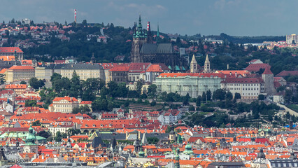Fototapeta premium Panoramic view of Prague timelapse from the top of the Vitkov Memorial, Czech Republic