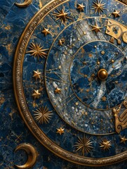 Naklejka premium Celestial Zodiac Splendor: Dark Blue Background with Gold Astrological Zodiac Items and Symbols