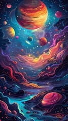 a colorful landscape with planets and stars
