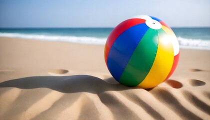 Fototapeta na wymiar A colorful beach ball on a sandy beach with the ocean in the background