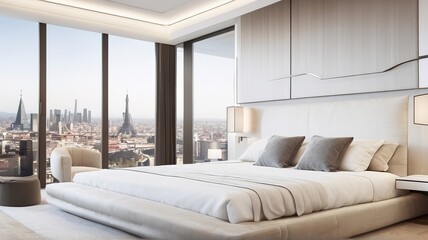 The bed in the room is beautiful and luxurious in the middle of the city. 5 star hotel. City view.