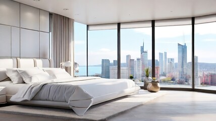 Fototapeta premium Bed in a beautiful, luxurious room in the middle of the city, hotel with city view