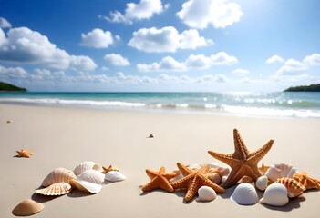A sandy beach with seashells and starfish on the shore, with a cloudy blue sky in the background