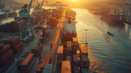 A large ship is docked at a port with many other ships in the background