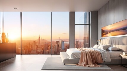 Bed in a beautiful, luxurious bedroom in the heart of the city. Evening city view, sunset