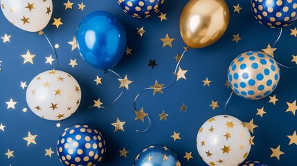 Happy birthday background with balloons in blue, white, and gold themes. banner, celebration, greeting card, background.