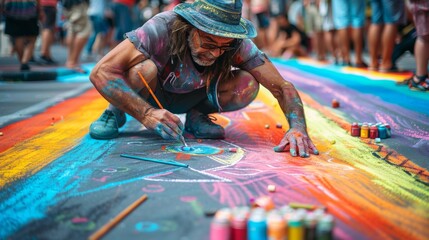 A man is painting on the ground with a variety of colors