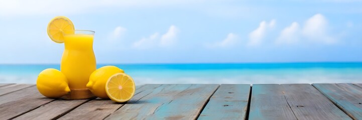 A wooden dock or pier overlooking a calm, turquoise blue ocean with a bright yellow lemon in the foreground