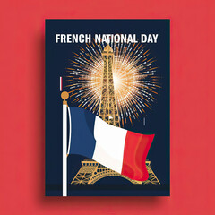 Bastille Day, Happy Bastille Day, Bastille Day poster, France wafing flag, 14th of July, tower. eiffel, france against. greetings | illustration design. Bastille Day banner, French National Day, 