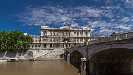 Palace of Justice timelapse hyperlapse - courthouse building with Ponte Sant' Umberto bridge. Rome, Italy. - obrazy, fototapety, plakaty