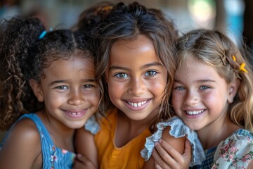 Fototapeta premium Close-up of three cheerful young girls showing friendship and unity with bright smiles