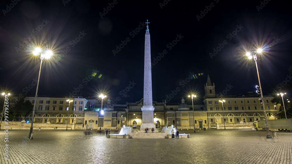 Sticker People are gathering under the central column on piazza del popolo during night timelapse hyperlapse