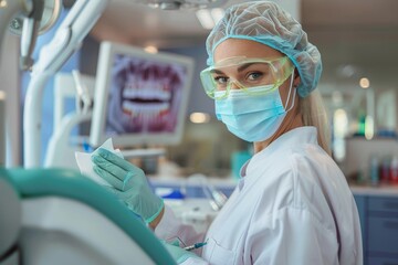 Focused female dentist in scrubs and safety goggles examining a patient